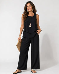 Eloísa | Conjunto Negro Top en Capas y Pantalón Ancho