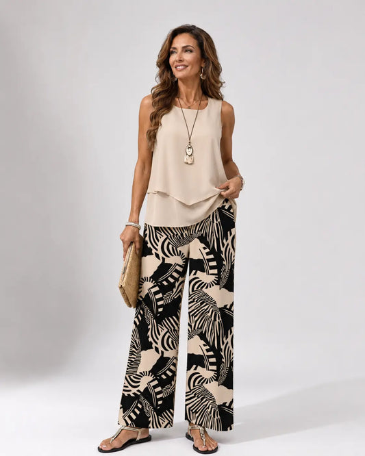 Ignacia | Conjunto Blusa Beige y Pantalón Botánico