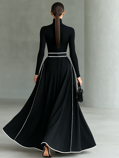 Toñi | Vestido Maxi de Mujer Negro con Costuras Blancas y Cuello Alto, Mangas Largas, Cintura Fina