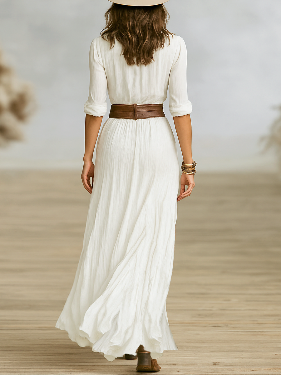Rosario | Vestido Largo de Lino con Cuello Vuelto