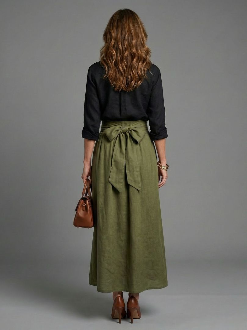 Vera | Conjunto Blusa Negra y Falda Midi Verde Oliva