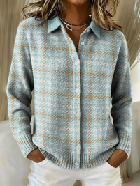 Cristina Elena | Chaqueta de Punto de Cuadros Azul Cielo