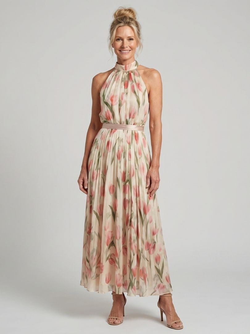 Aurelia | Vestido Midi Halter Floral con Cinturón