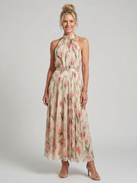 Aurelia | Vestido Midi Halter Floral con Cinturón