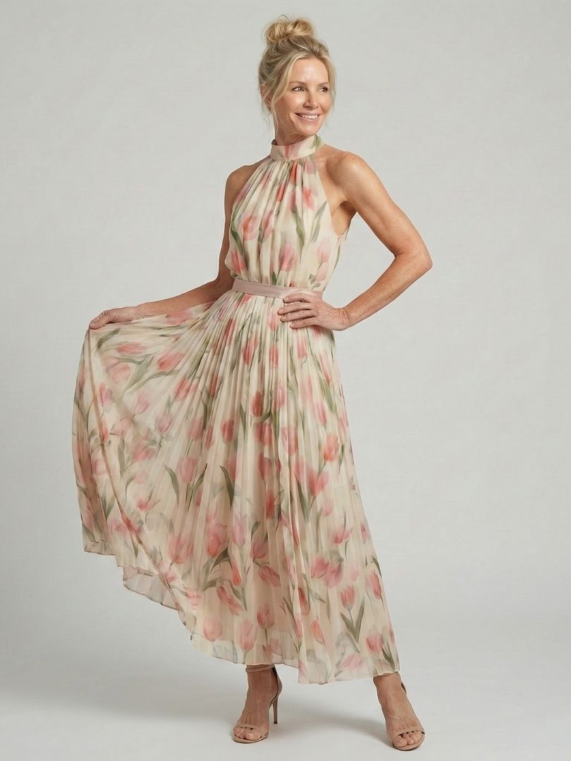 Aurelia | Vestido Midi Halter Floral con Cinturón