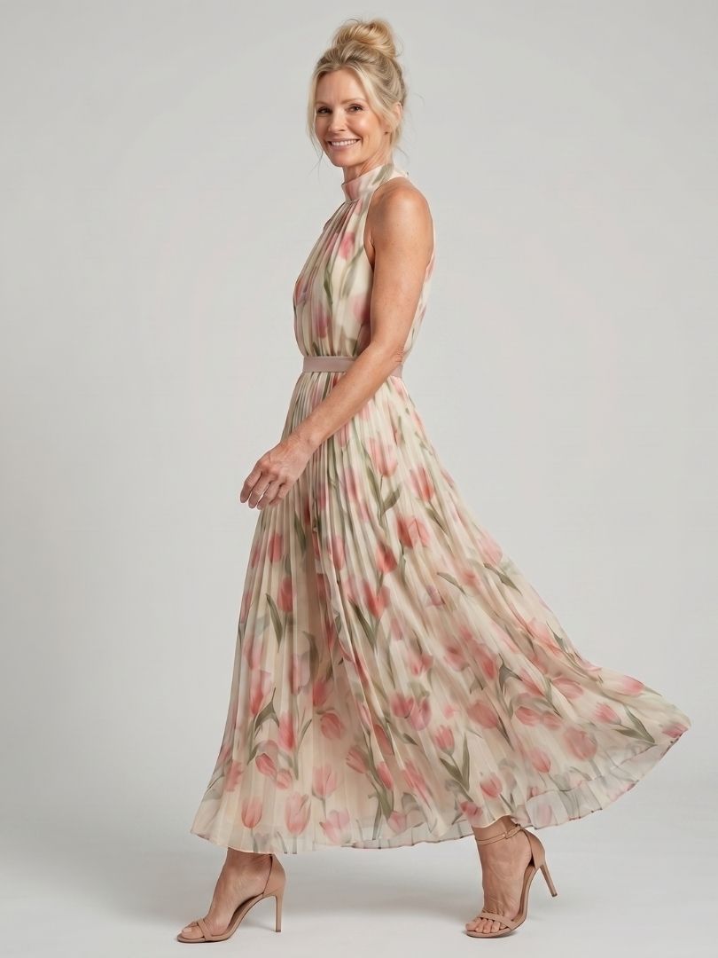 Aurelia | Vestido Midi Halter Floral con Cinturón