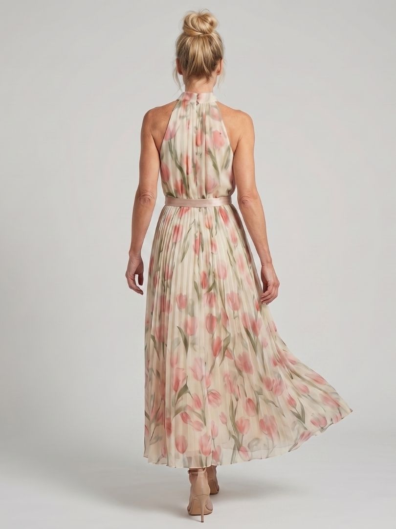 Aurelia | Vestido Midi Halter Floral con Cinturón