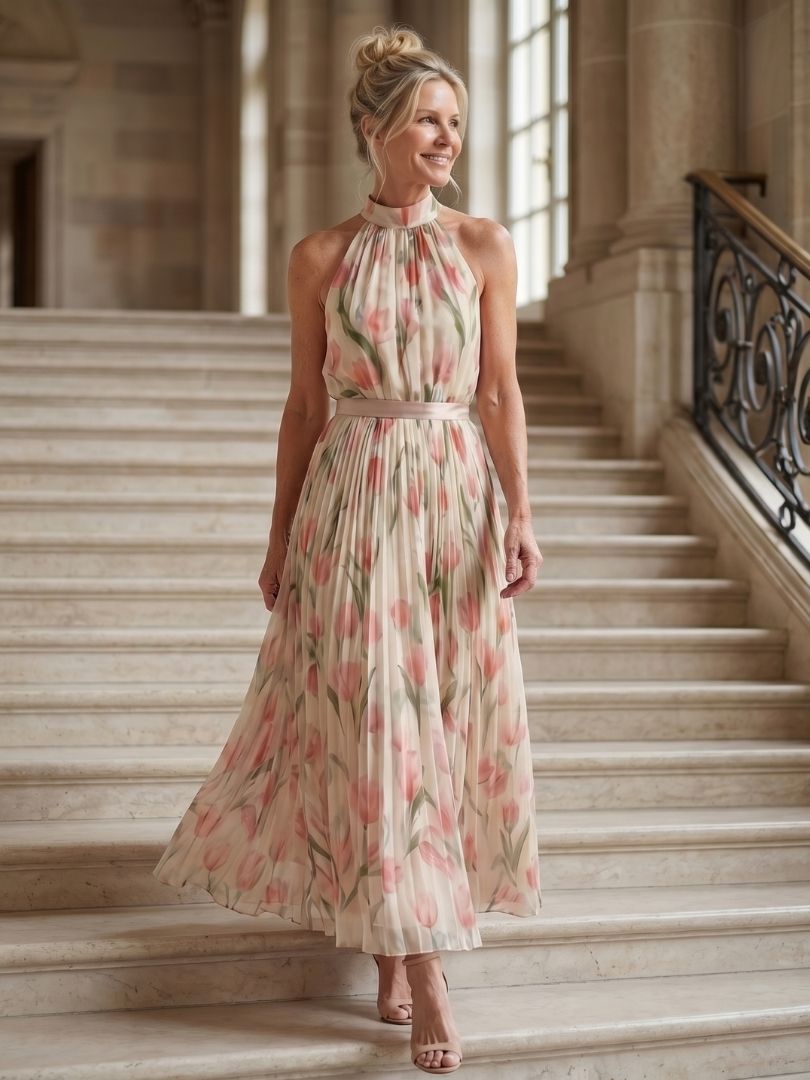 Aurelia | Vestido Midi Halter Floral con Cinturón