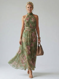 Mirella | Vestido Midi Halter Floral con Detalle Fruncido