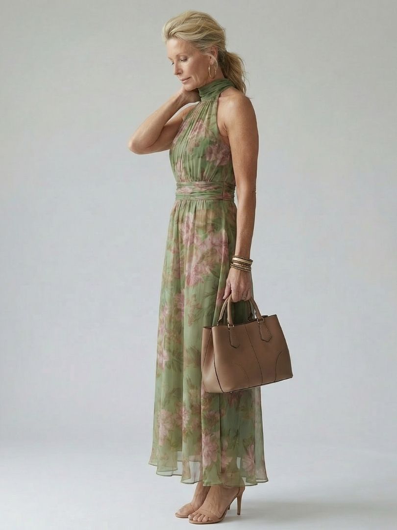 Mirella | Vestido Midi Halter Floral con Detalle Fruncido