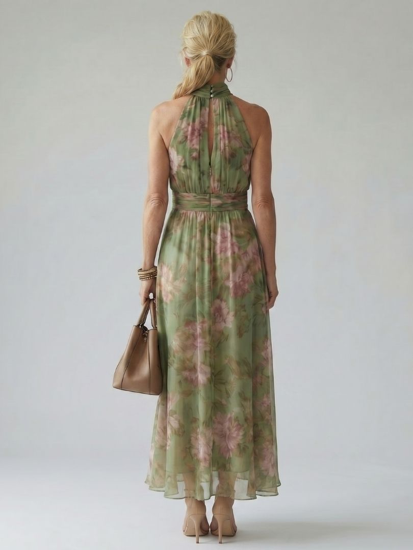 Mirella | Vestido Midi Halter Floral con Detalle Fruncido