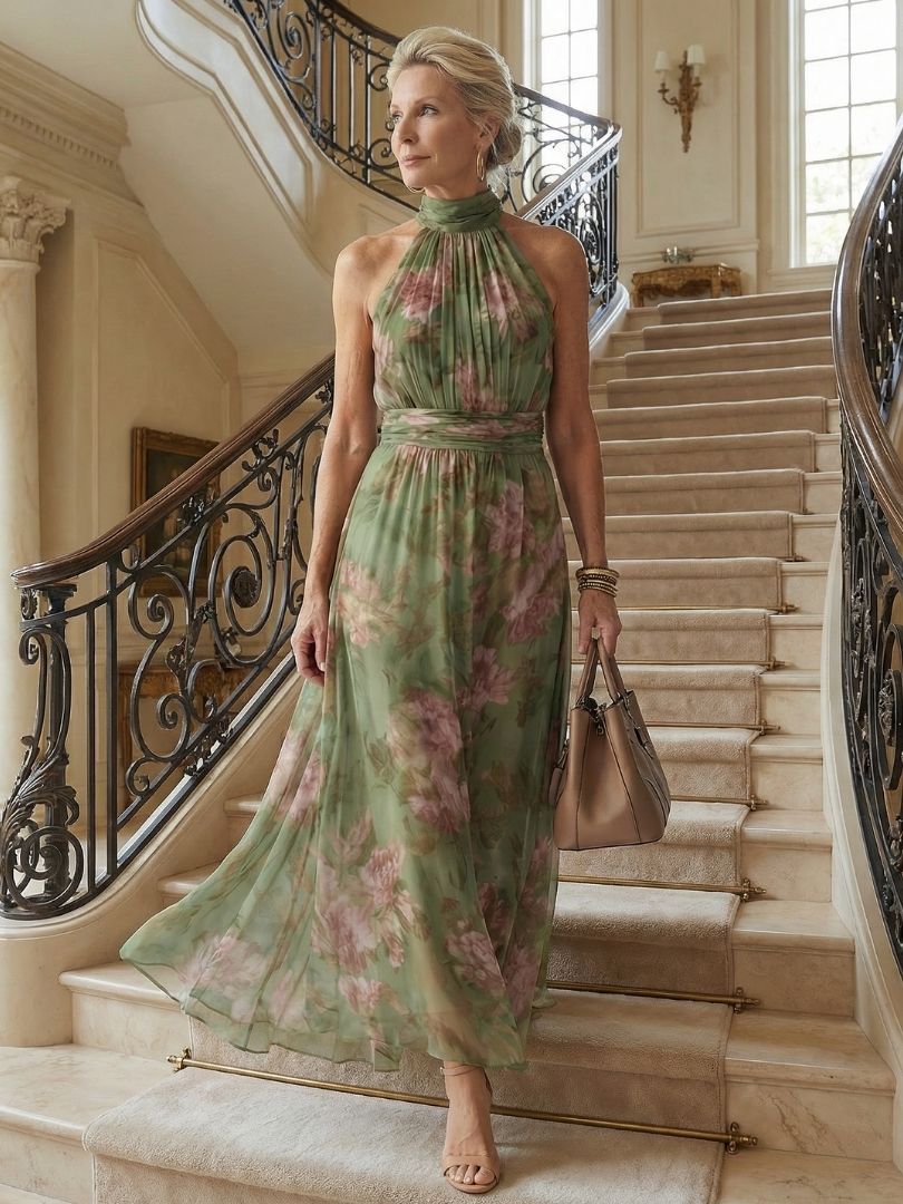 Mirella | Vestido Midi Halter Floral con Detalle Fruncido