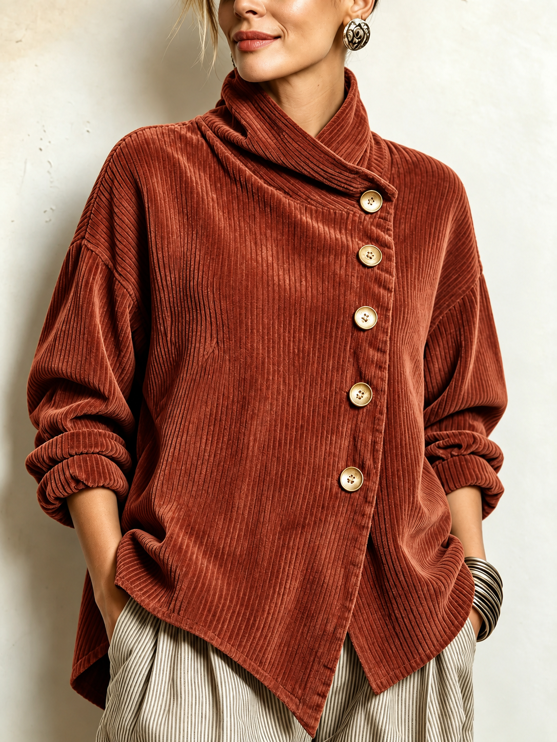 Carmela | El Jersey de Pana con Botones en Terracota