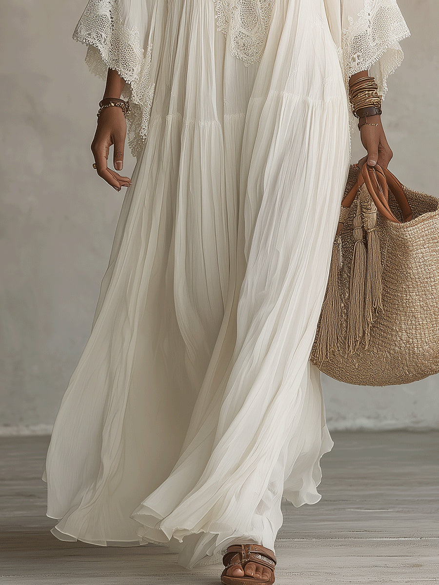 Celeste | Vestido Largo de Chifón Marfil con Manga Murciélago