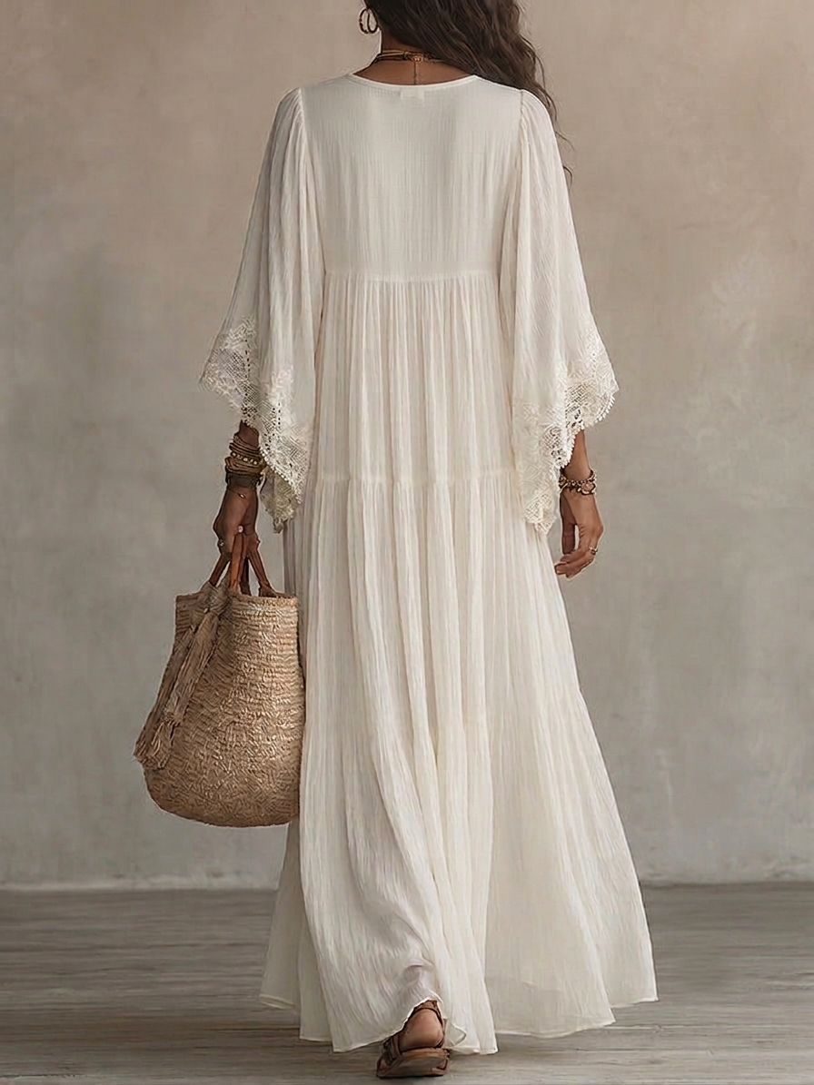 Celeste | Vestido Largo de Chifón Marfil con Manga Murciélago