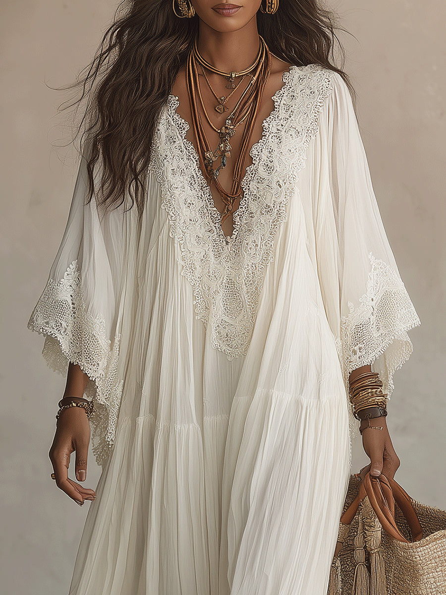 Celeste | Vestido Largo de Chifón Marfil con Manga Murciélago