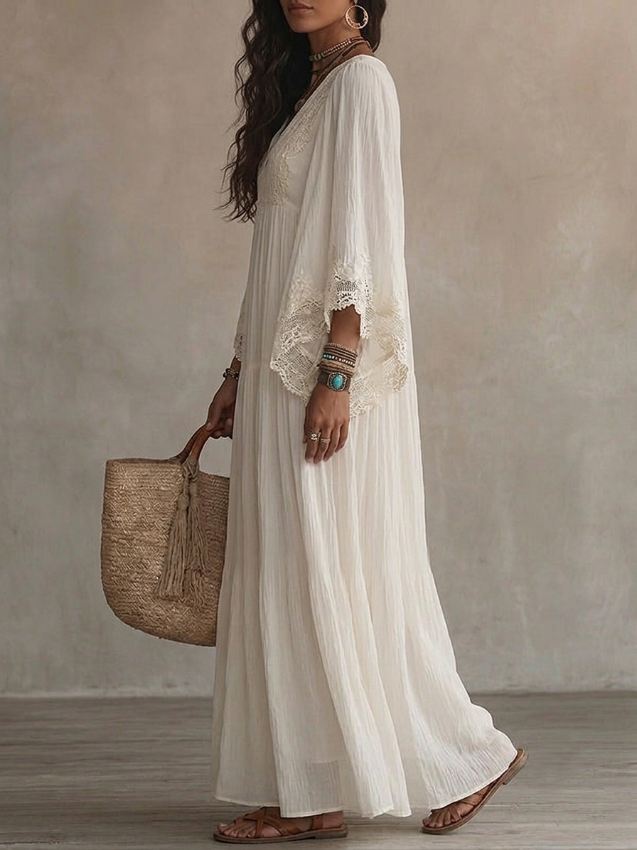 Celeste | Vestido Largo de Chifón Marfil con Manga Murciélago