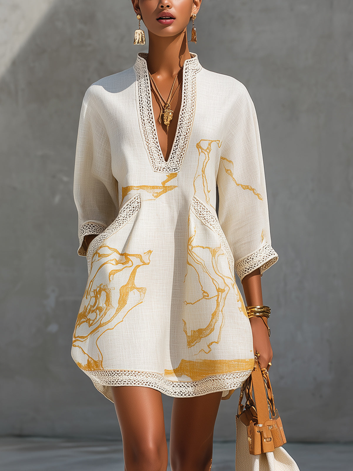 Marina | Minivestido Estampado Oro y Marfil