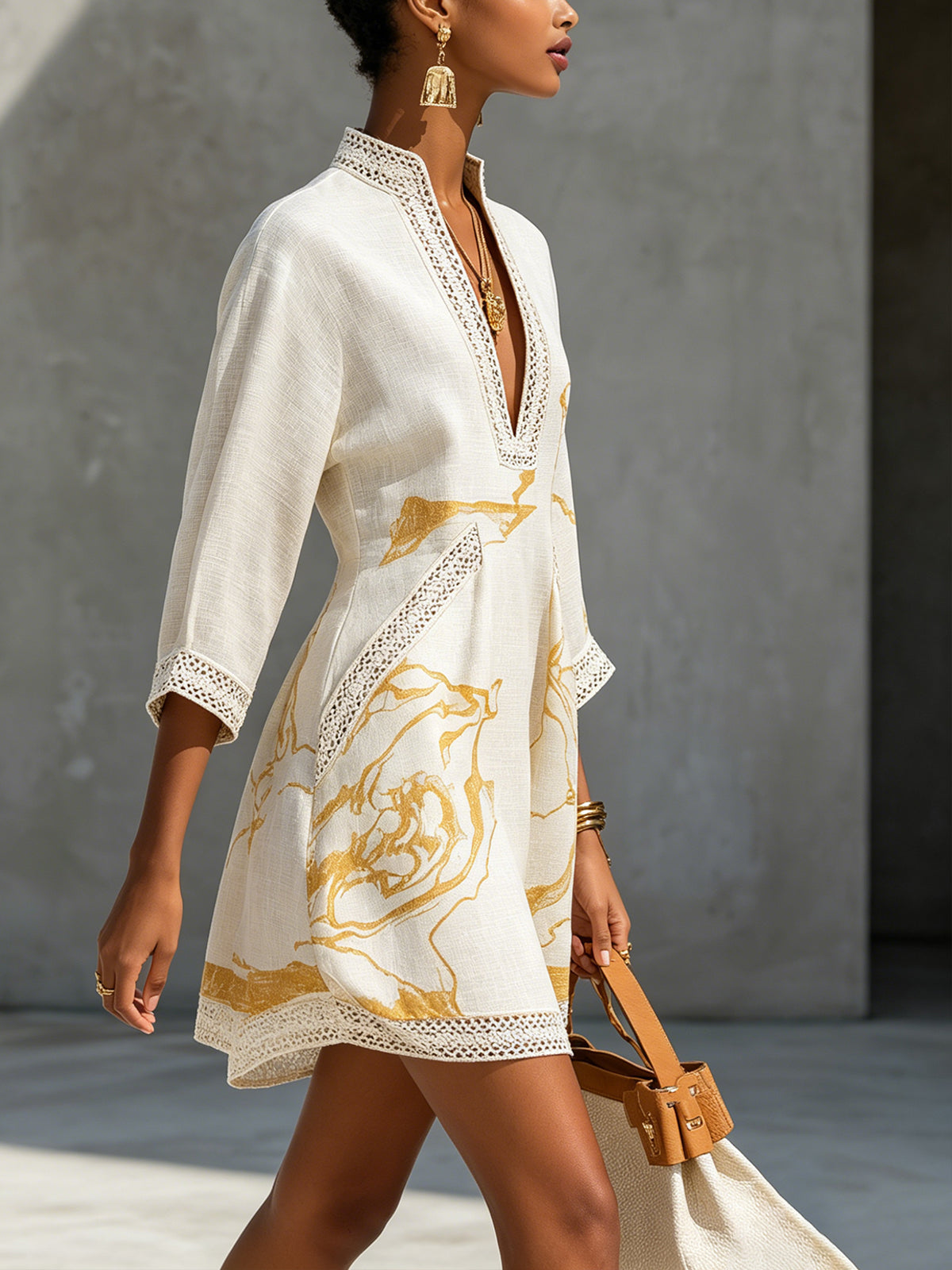 Marina | Minivestido Estampado Oro y Marfil