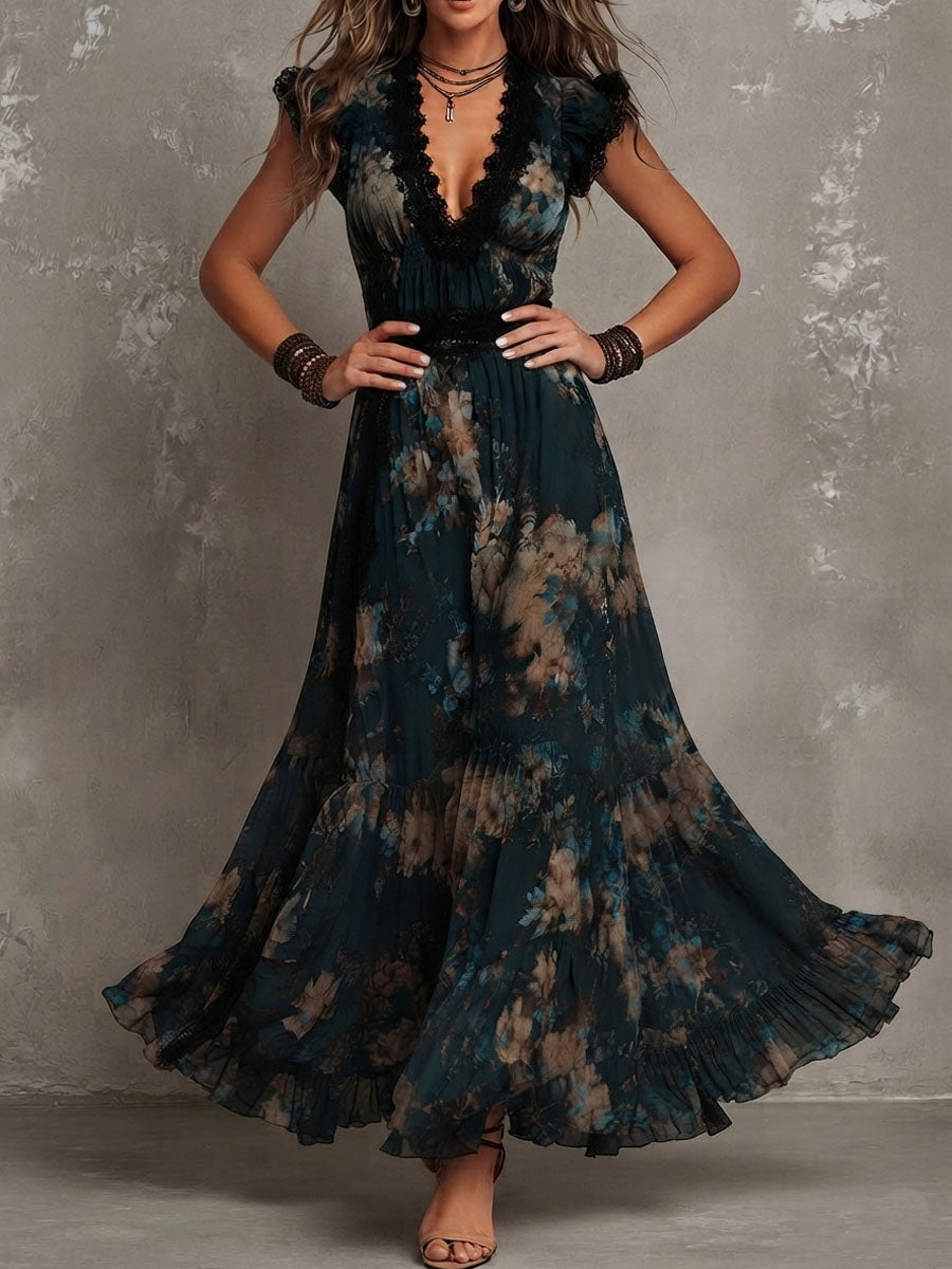 Mari Ángeles | Vestido largo de gasa vintage verde oscuro con encaje floral