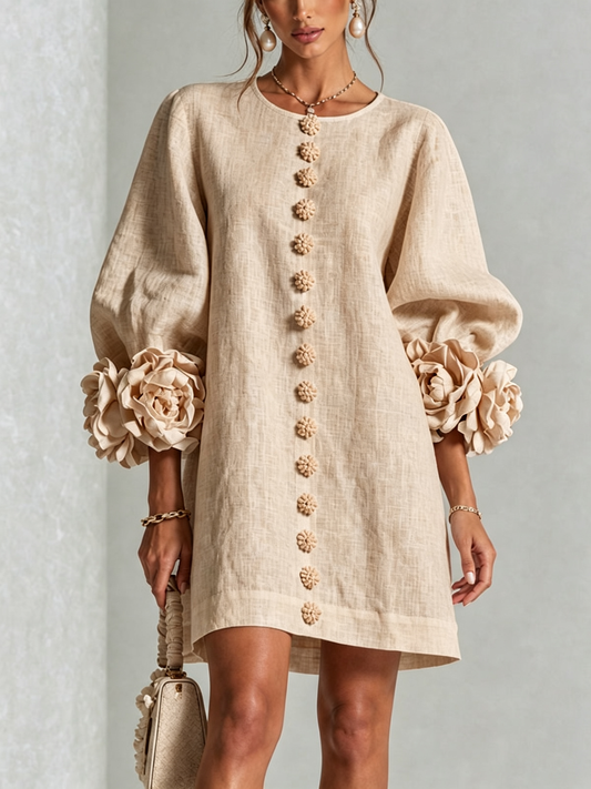 Angelines | Vestido Mini de Mezcla de Lino con Puños de Rosa, Beige