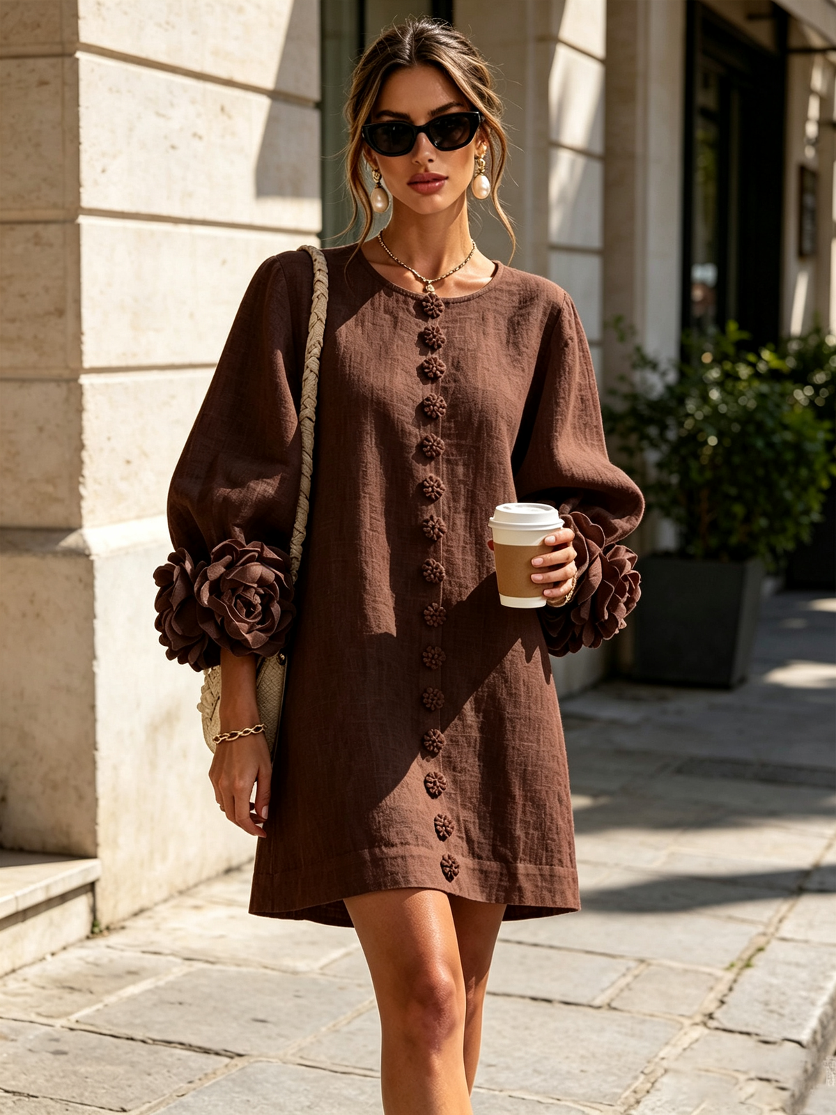 Mari Nieves | Vestido Mini de Mezcla de Lino con Puños de Rosa, Marrón Chocolate