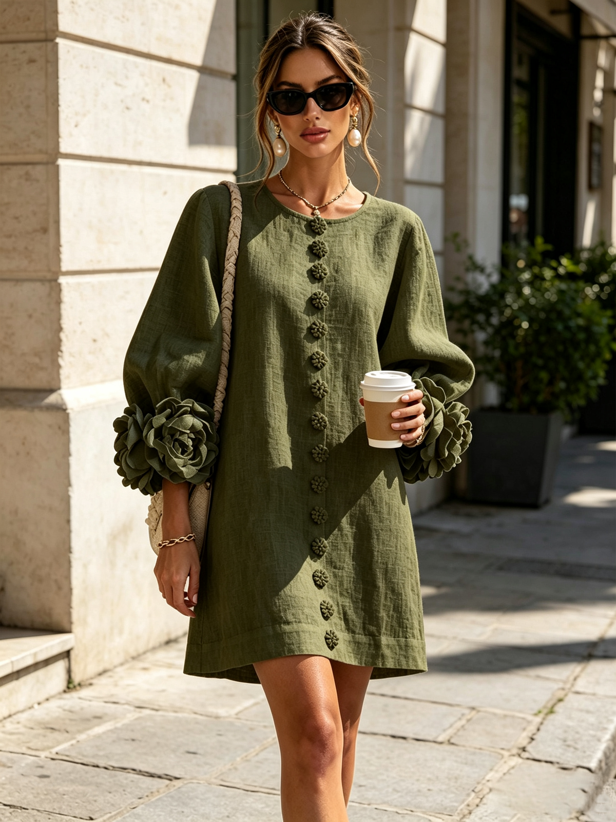 Vestido Mini Camisero Floral Verde Oliva con Puños Florales Extravagantes