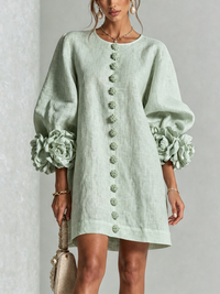 Mari Ángeles | Vestido Mini de Mezcla de Lino con Puños de Rosa, Verde Salvia