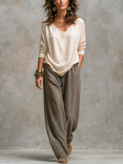 Belén | Conjunto Elegante de Tres Piezas en Beige y Gris con Pantalón Palazzo en Capas