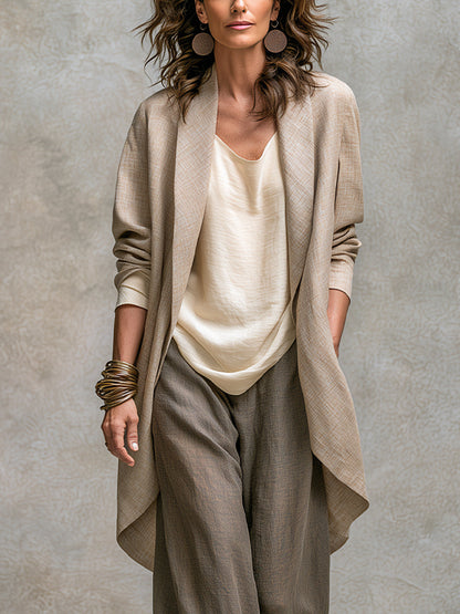 Belén | Conjunto Elegante de Tres Piezas en Beige y Gris con Pantalón Palazzo en Capas