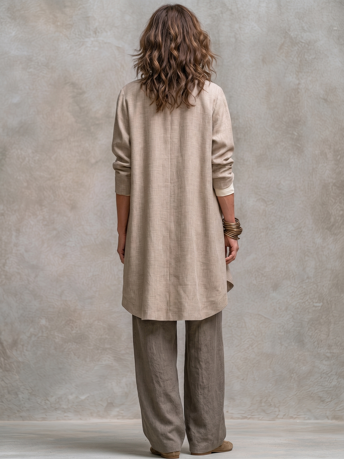 Belén | Conjunto Elegante de Tres Piezas en Beige y Gris con Pantalón Palazzo en Capas
