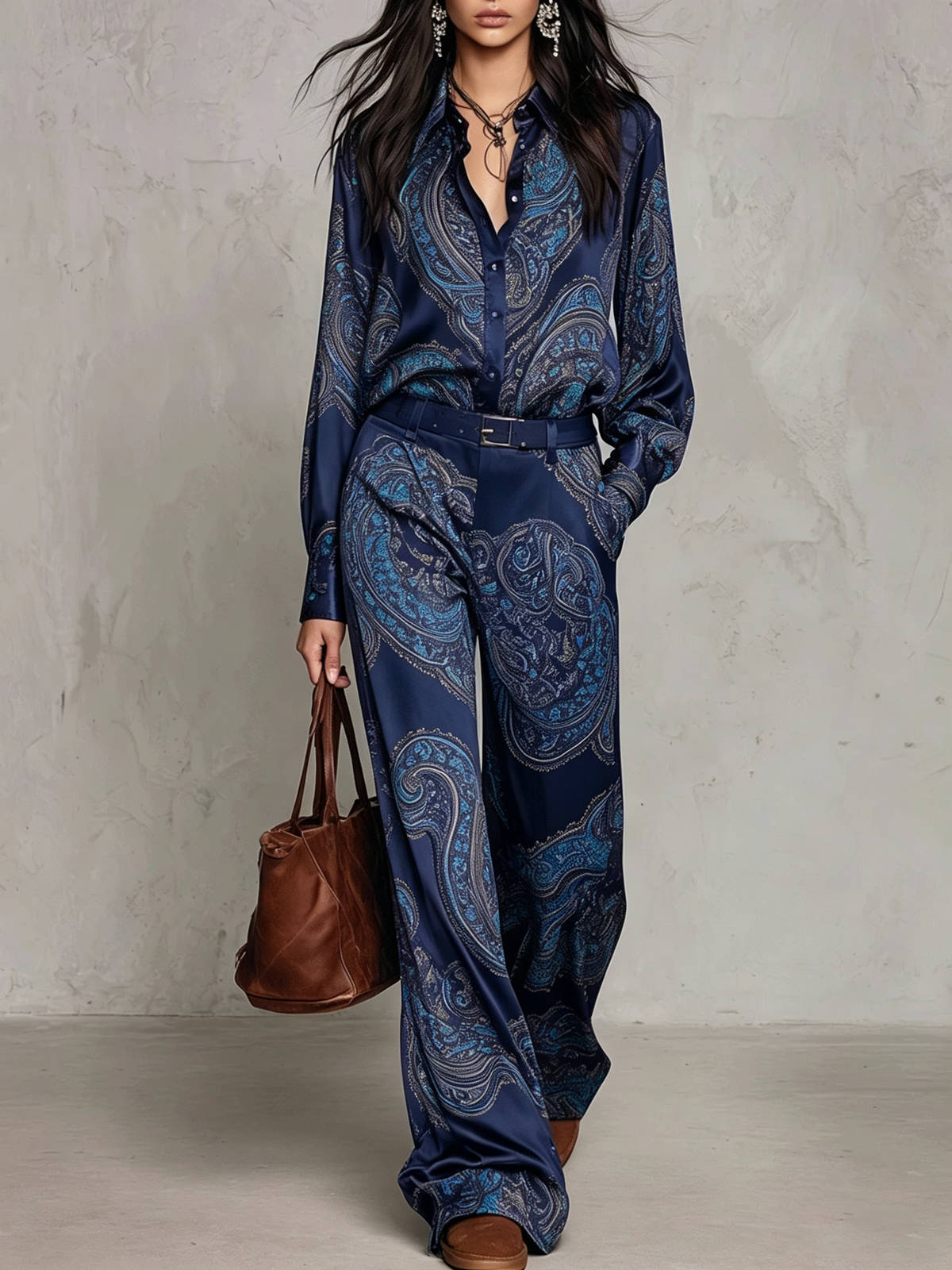 Ana Marta | Conjunto de Camisa de Satén y Pantalón de Pierna Ancha, Estampado Paisley