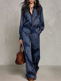Rosa Isabel | Conjunto de Camisa de Satén y Pantalón de Pierna Ancha, Azul Marino