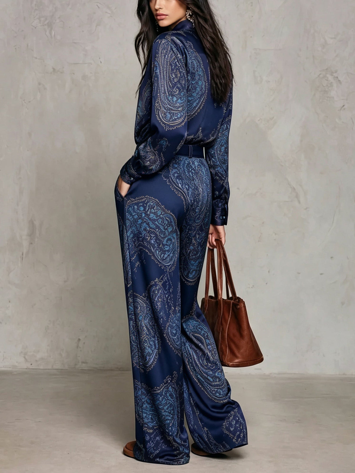 Rosa Isabel | Conjunto de Camisa de Satén y Pantalón de Pierna Ancha, Azul Marino
