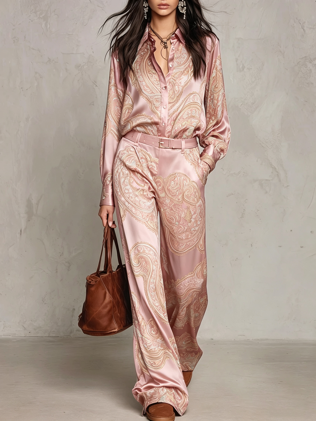 Rosa Ana | Conjunto de Camisa de Satén y Pantalón de Pierna Ancha, Estampado Rosa
