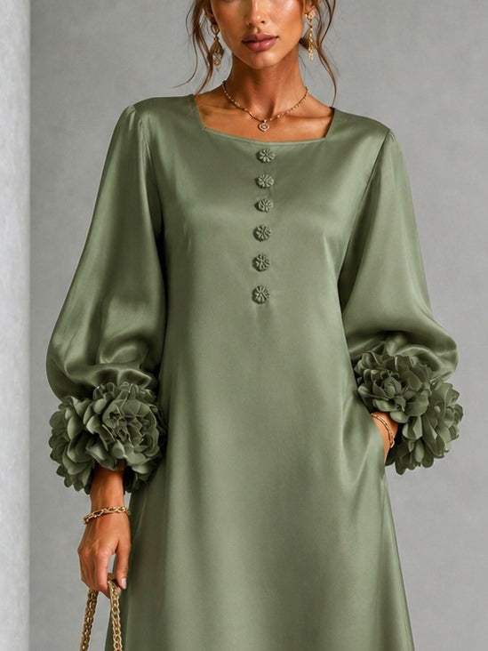 Ana Julia | Vestido Midi de Raso Verde Salvia con Mangas Florales