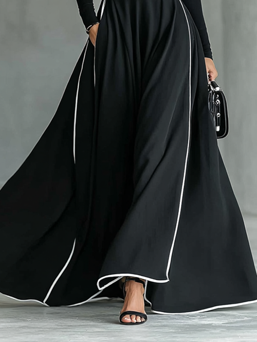 Toñi | Vestido Maxi de Mujer Negro con Costuras Blancas y Cuello Alto, Mangas Largas, Cintura Fina