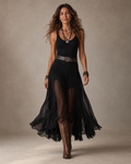 Julia — Vestido largo negro boho western con falda transparente
