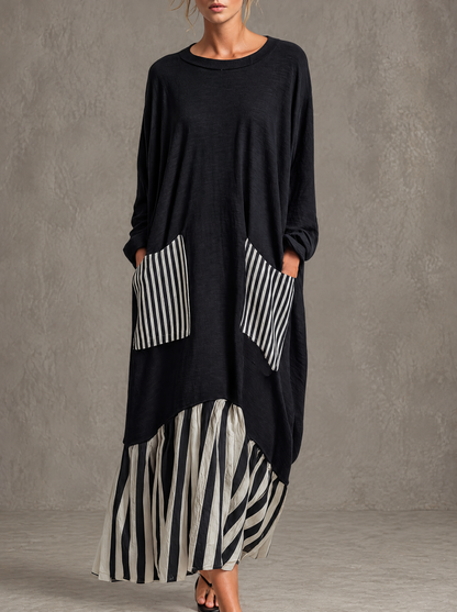 Yolanda | Vestido largo oversize de algodón negro con rayas estilo patchwork