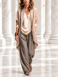 Belén | Conjunto Elegante de Tres Piezas en Beige y Gris con Pantalón Palazzo en Capas
