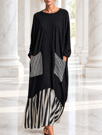 Yolanda | Vestido largo oversize de algodón negro con rayas estilo patchwork