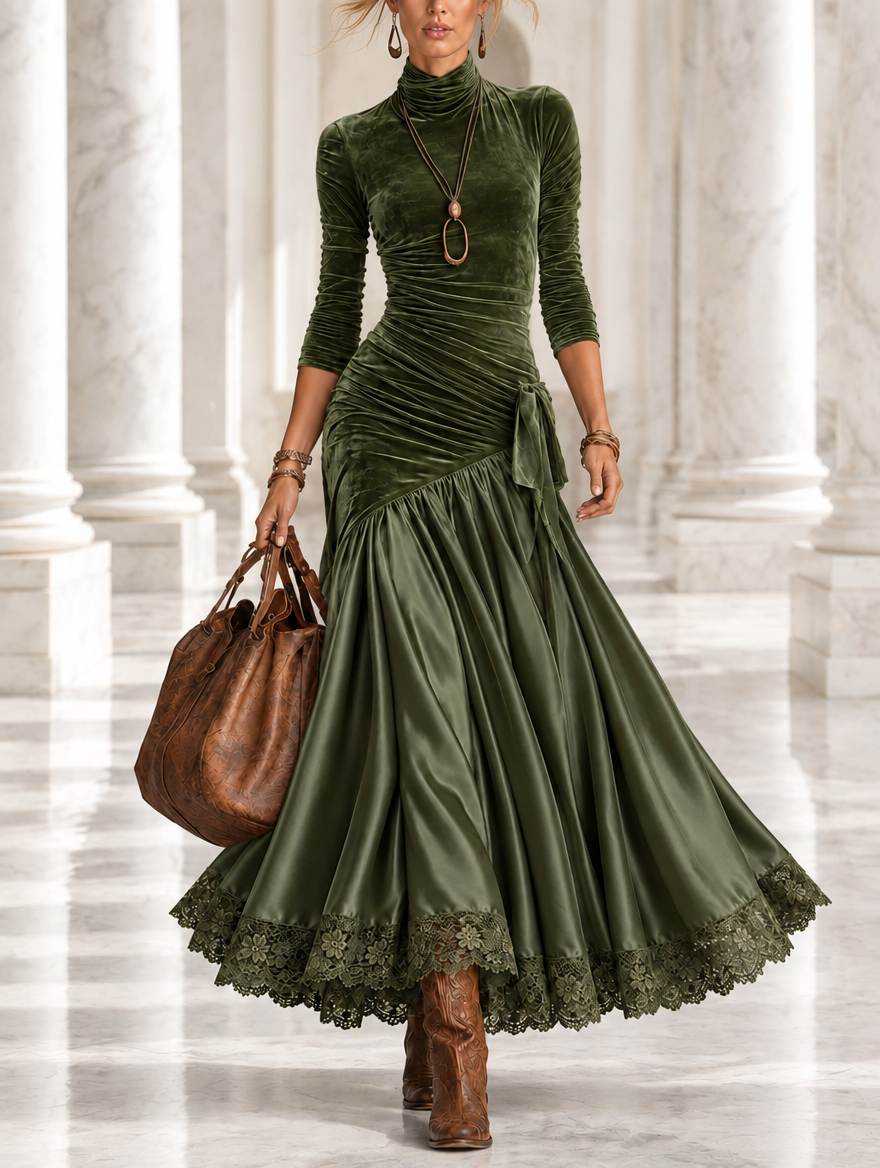 Maica | Vestido largo de terciopelo y satén con paneles y bajo de encaje verde oliva