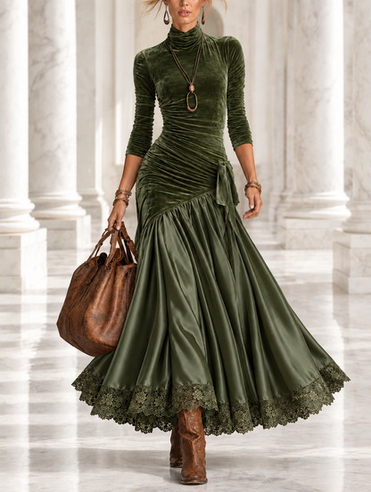 Maica | Vestido largo de terciopelo y satén con paneles y bajo de encaje verde oliva