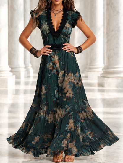 Mari Ángeles | Vestido largo de gasa vintage verde oscuro con encaje floral