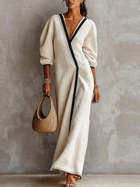 Ana Carmen | Vestido Maxi de Lino Beige con Escote en V y Mangas Farol