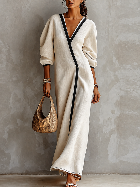 Ana Carmen | Vestido Maxi de Lino Beige con Escote en V y Mangas Farol