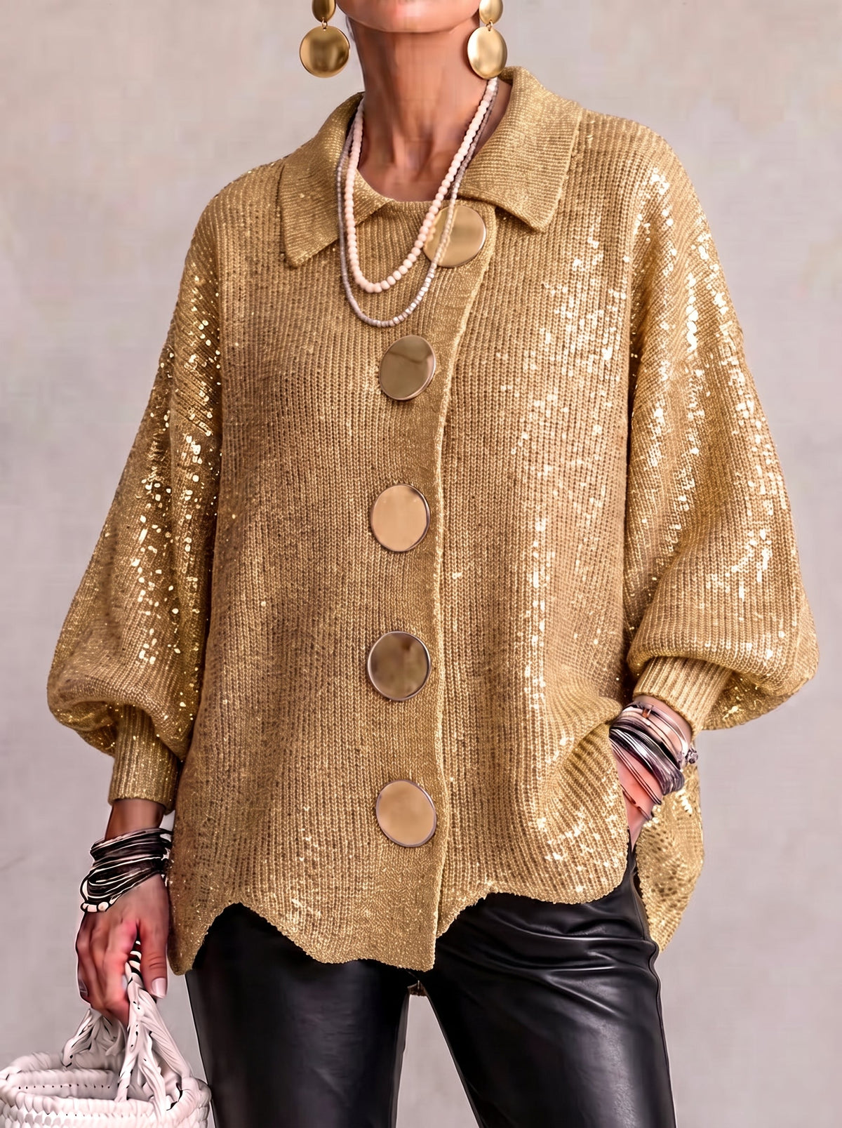 Teresa Elena | Chaqueta de Punto Ancha con Cuello y Botones Metálicos