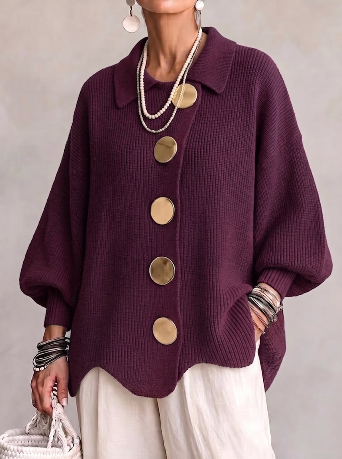 Teresa Elena | Chaqueta de Punto Ancha con Cuello y Botones Metálicos